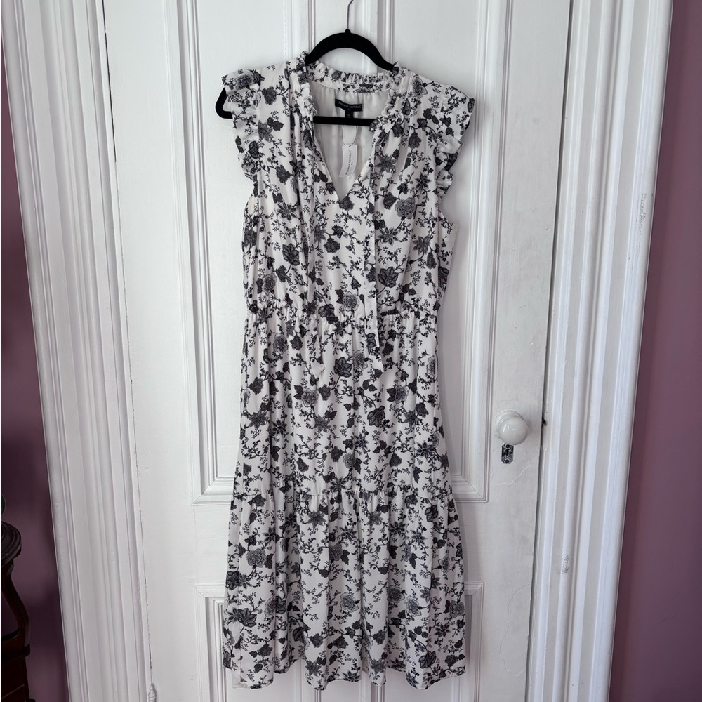 Banana Republic NWT Floral Print Ruffle Tie Neck Flutter Sleeve MIDI Dress